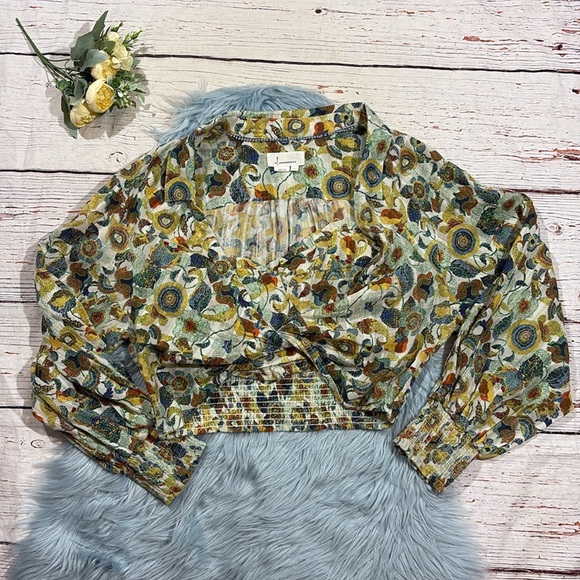 By Anthropologie Twist Crop Top Set Smocked Floral Printed Wrap Blouse - Picture 2 of 13